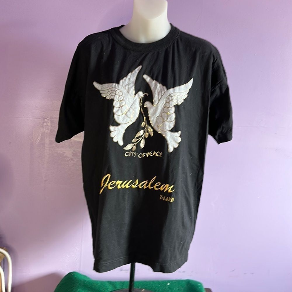 Jerusalem Peace Doves Black T-Shirt XL | Graphic Tee Israel Unisex Casual Top